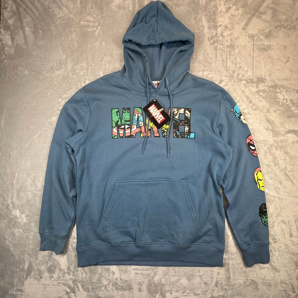 Marvel Hoodie Mens L Blue Avengers Graphic Logo Sleeve Print Pullover NWT